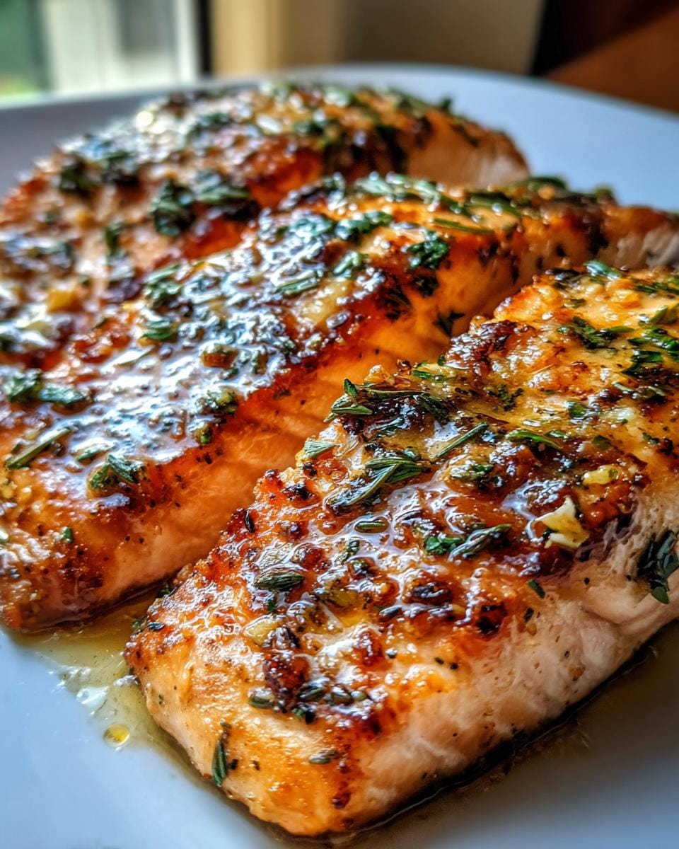 Close-up of perfectly cooked air fryer salmon with herbs, glistening with a savory glaze.