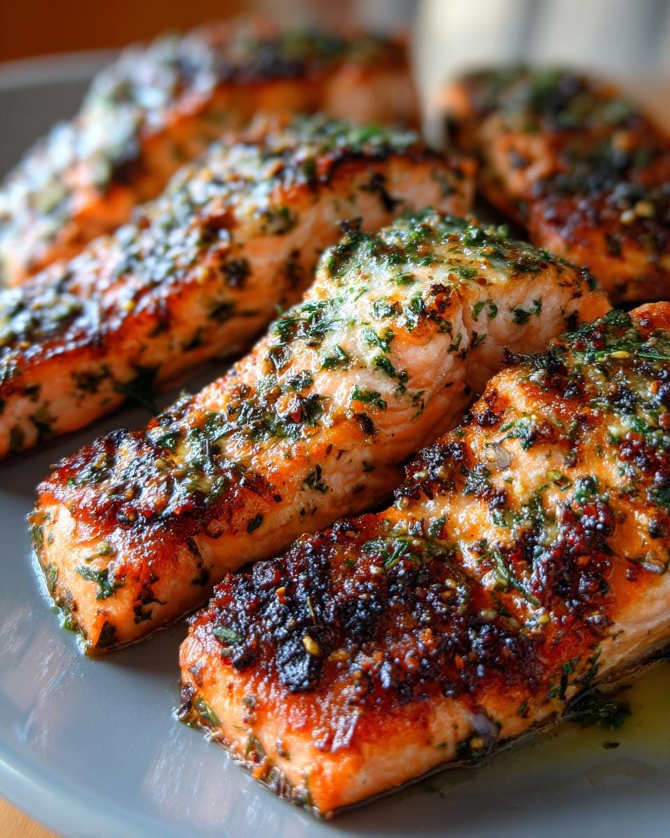 Close-up of perfectly cooked air fryer salmon with herbs, glistening and golden brown.