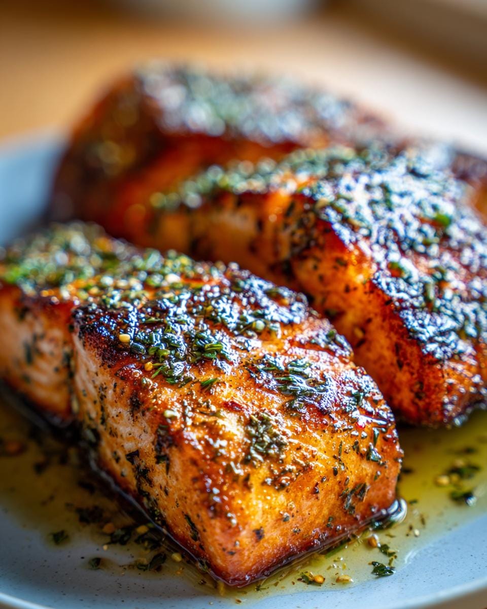 Close-up of perfectly cooked air fryer salmon with herbs, glistening in its own juices.
