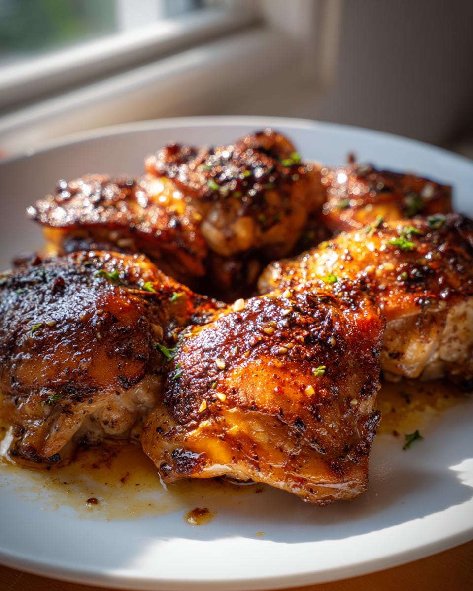 Close-up of perfectly baked chicken thighs with garlic, glistening and topped with herbs.