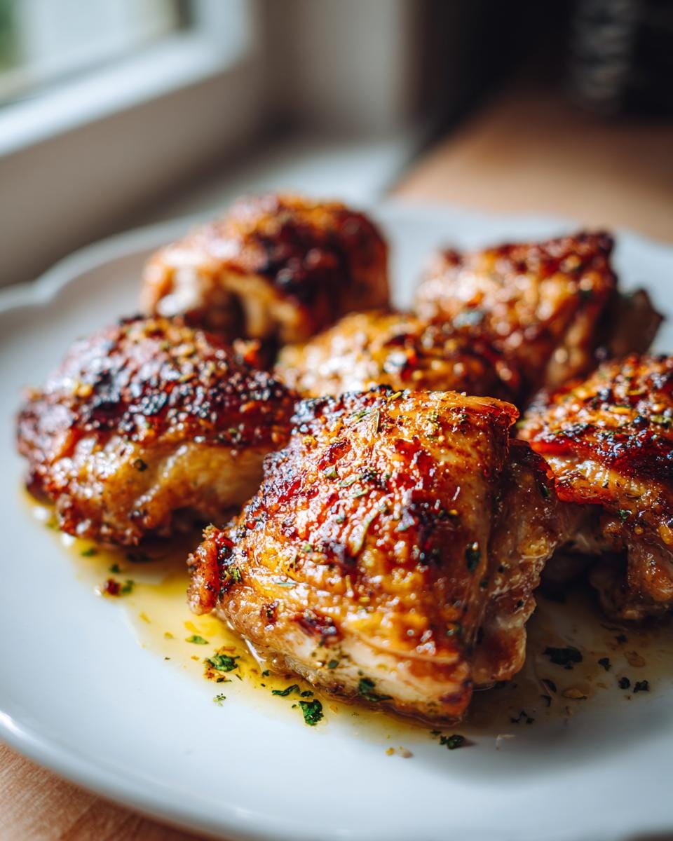 Close-up of perfectly baked chicken thighs with garlic, glistening with juices and herbs.