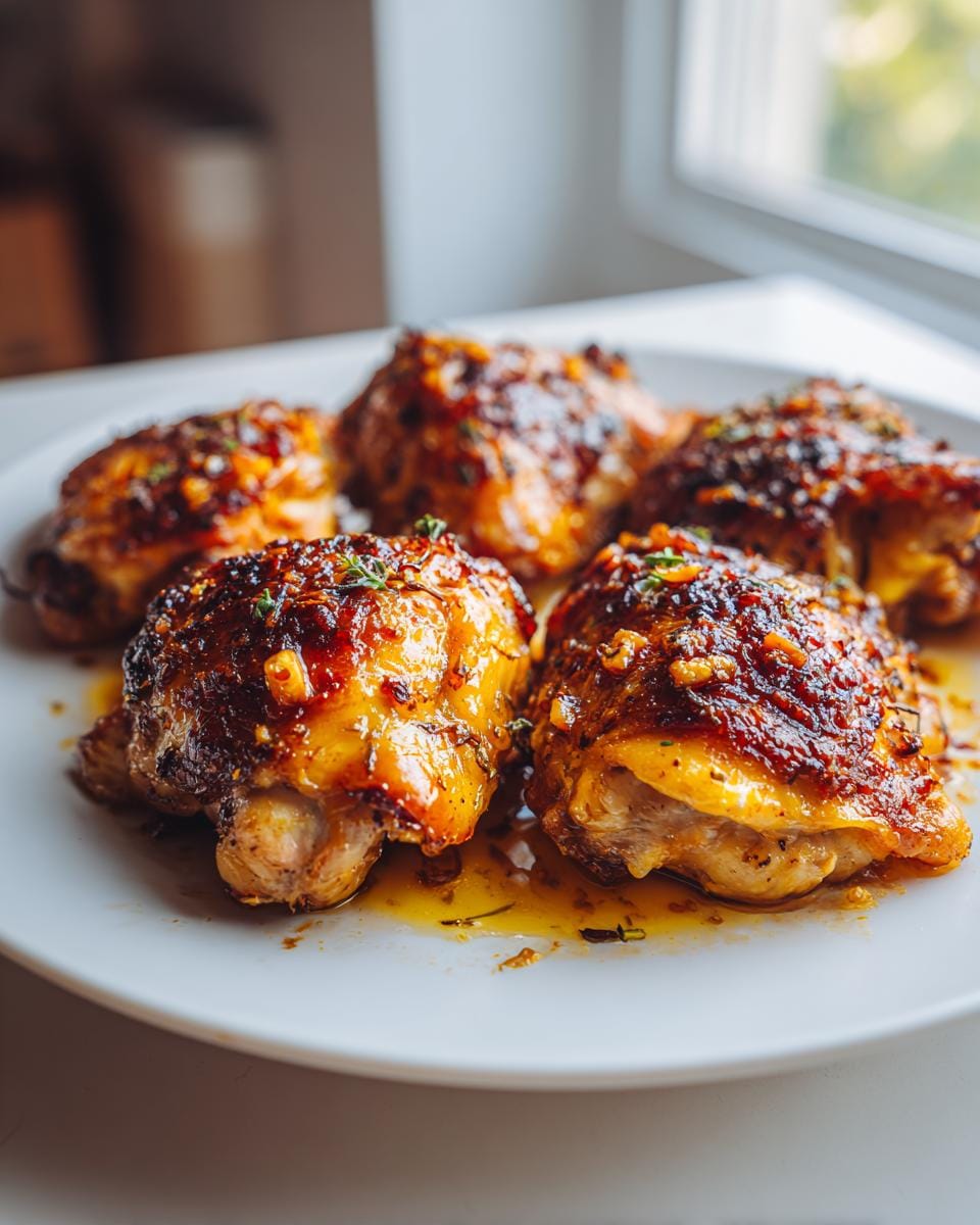 Close-up of five perfectly baked chicken thighs with garlic, glistening with a rich glaze, served on a white plate.