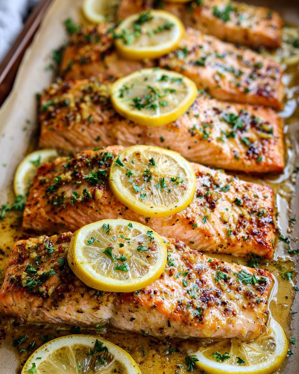 Close-up of perfectly baked lemon garlic salmon fillets, garnished with lemon slices and parsley.