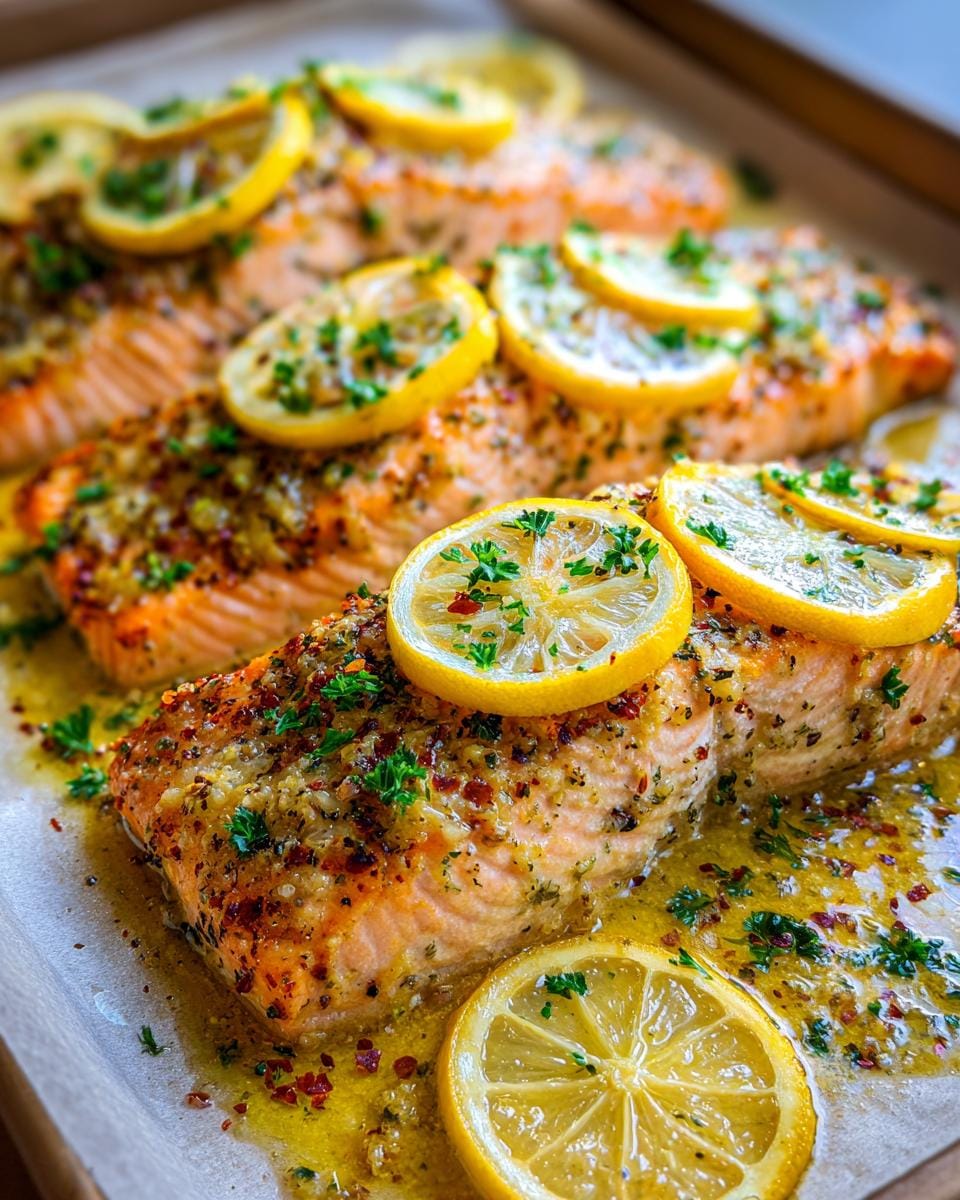 Close-up of baked lemon garlic salmon fillets topped with lemon slices and parsley, glistening in sauce.