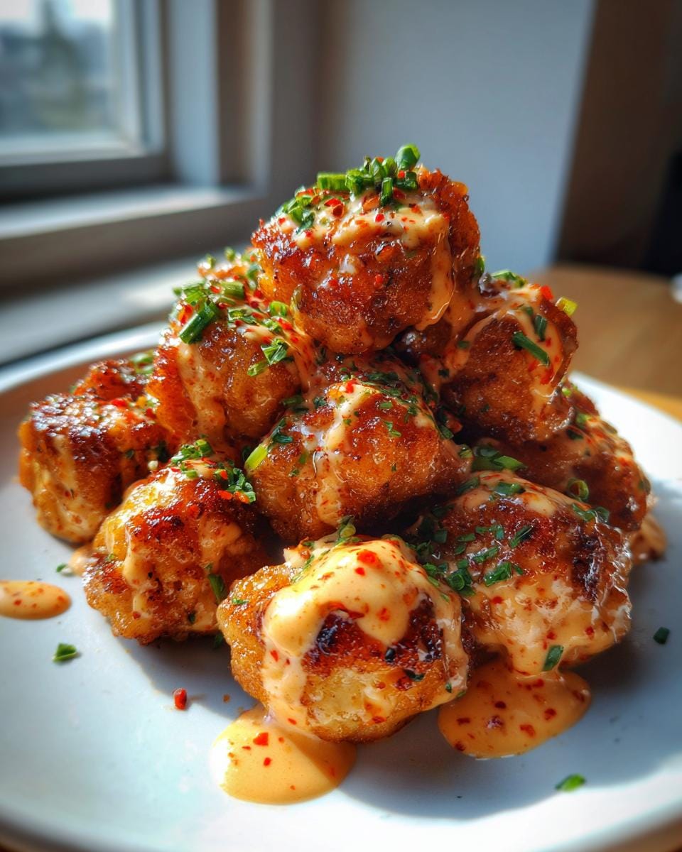 A pile of golden-brown, crispy bang bang chicken bites drizzled with creamy sauce and sprinkled with chives.