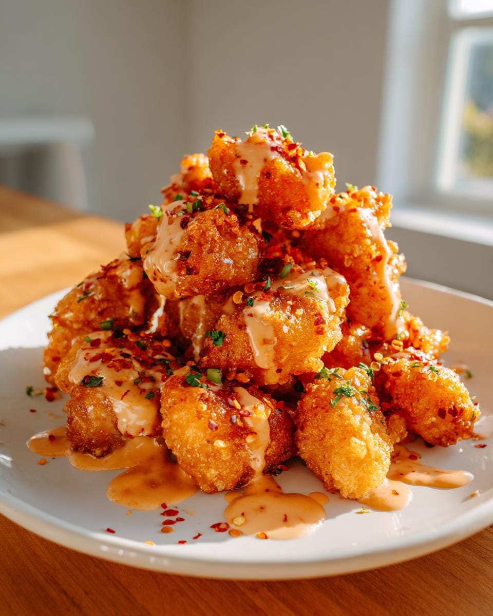 A pile of golden-brown, crispy Bang Bang Chicken bites drizzled with creamy sauce and sprinkled with chili flakes and herbs.