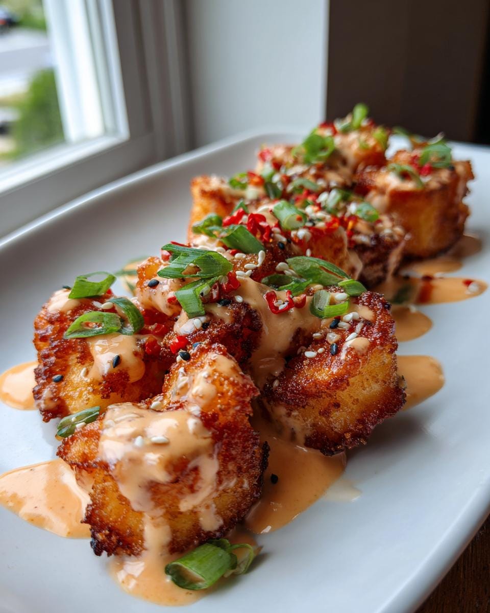 A close-up of crispy Bang Bang Shrimp drizzled with creamy sauce and garnished with scallions and chili flakes.