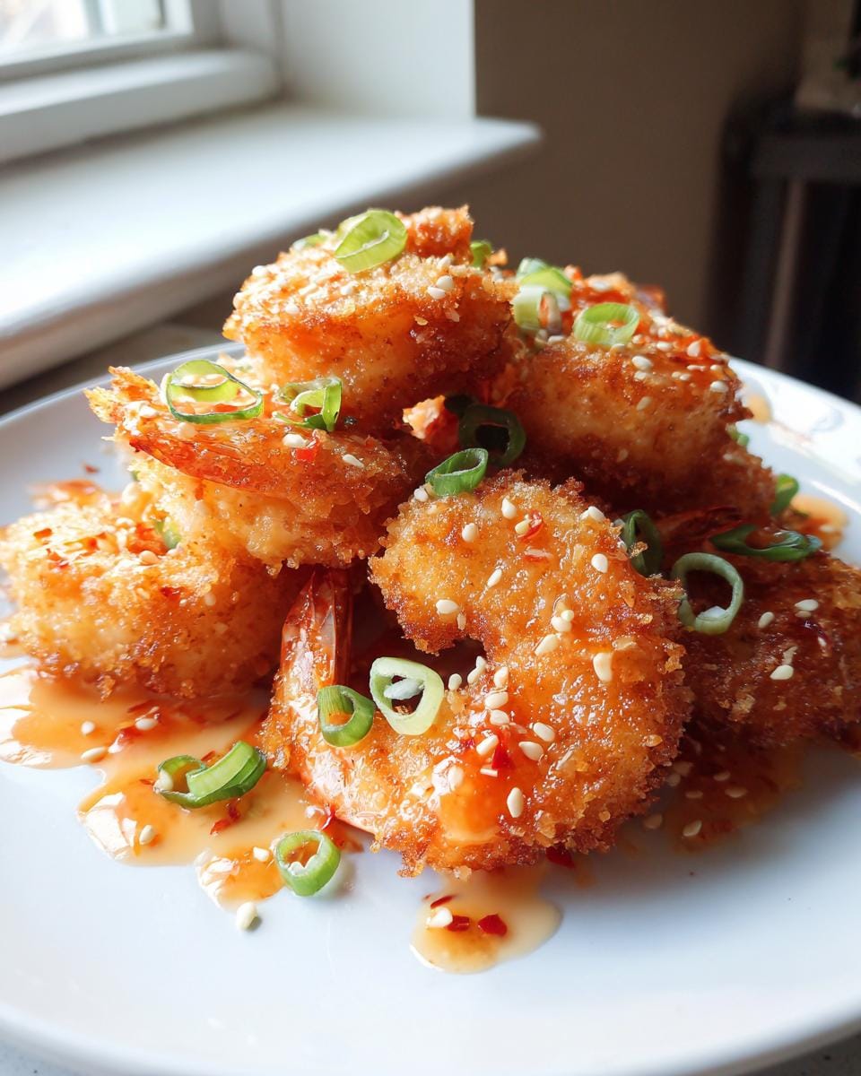 A pile of golden-brown, crispy Bang Bang Shrimp drizzled with sweet chili sauce and garnished with sesame seeds and green onions.