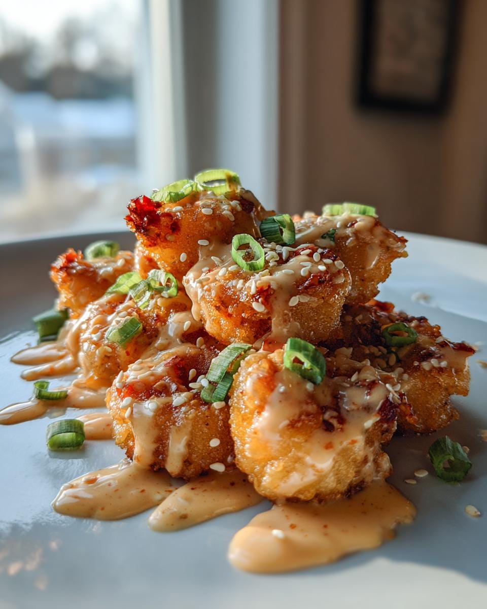 A close-up of crispy Bang Bang Shrimp drizzled with creamy sauce and topped with sesame seeds and green onions.