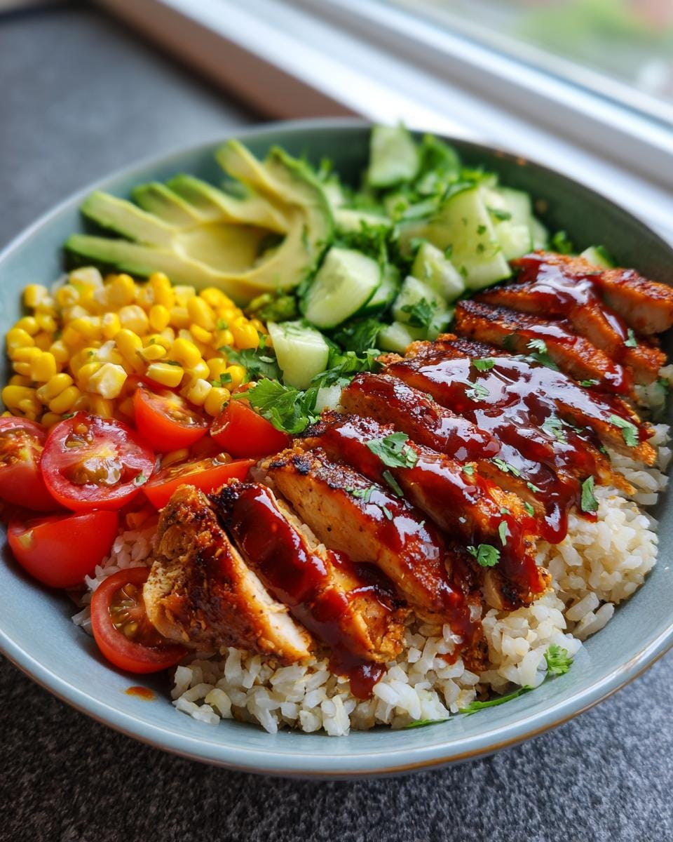 A vibrant BBQ Chicken Bowl filled with rice, sliced BBQ chicken, corn, tomatoes, cucumber, and avocado.