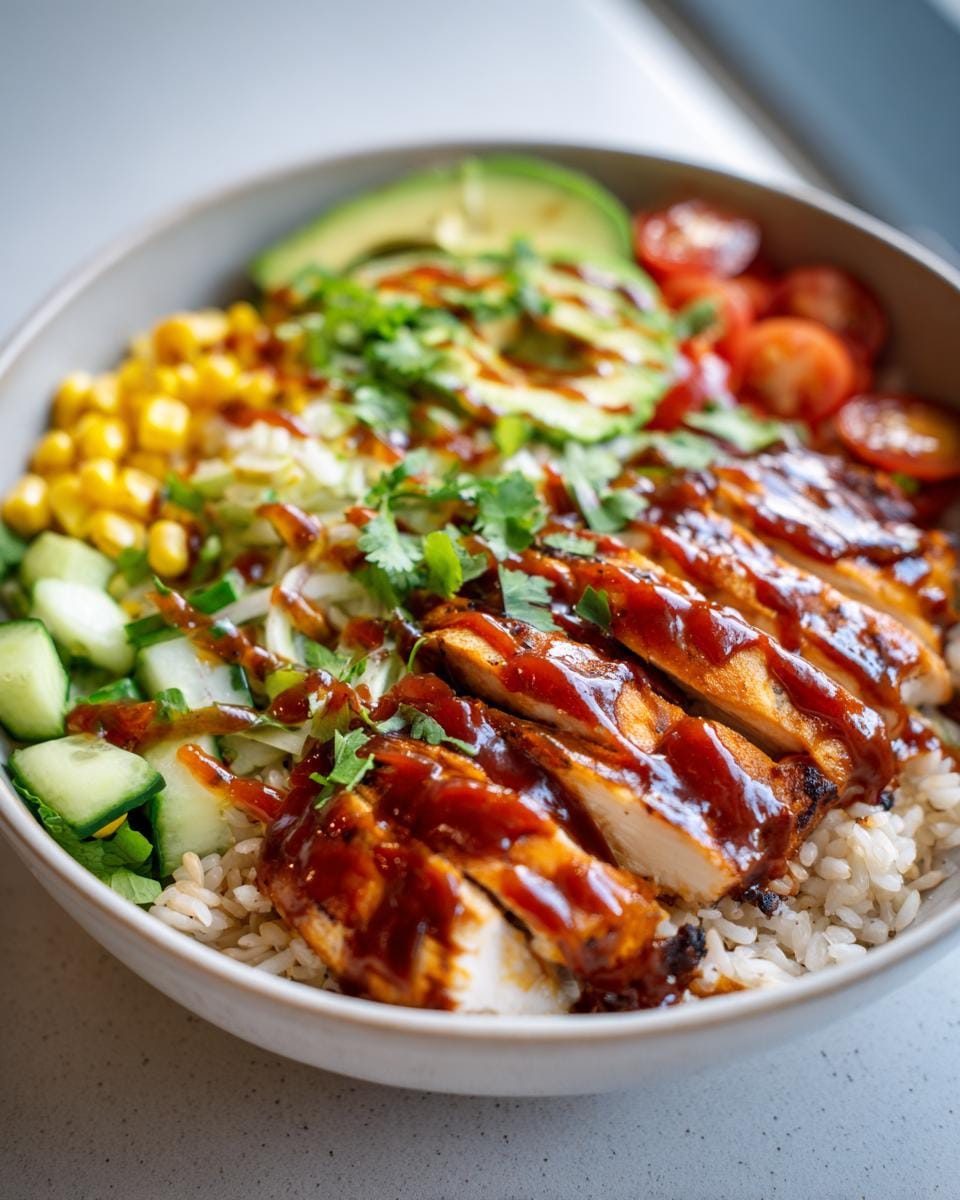 A vibrant BBQ Chicken Bowl filled with rice, sliced BBQ chicken, corn, cucumber, avocado, and tomatoes, drizzled with sauce.
