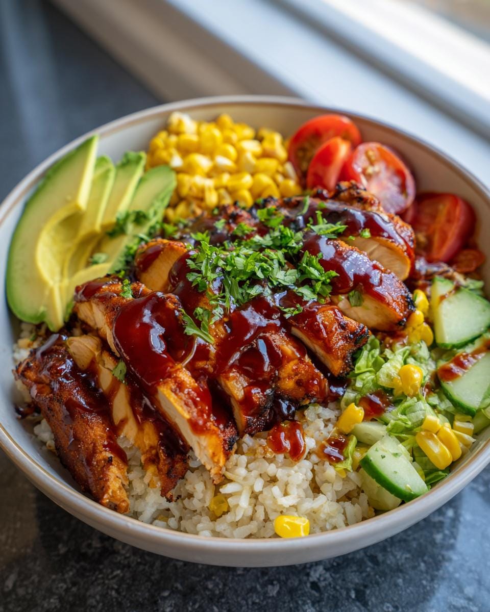 A vibrant BBQ Chicken Bowl filled with rice, sliced grilled chicken, corn, avocado, tomatoes, and cucumber.