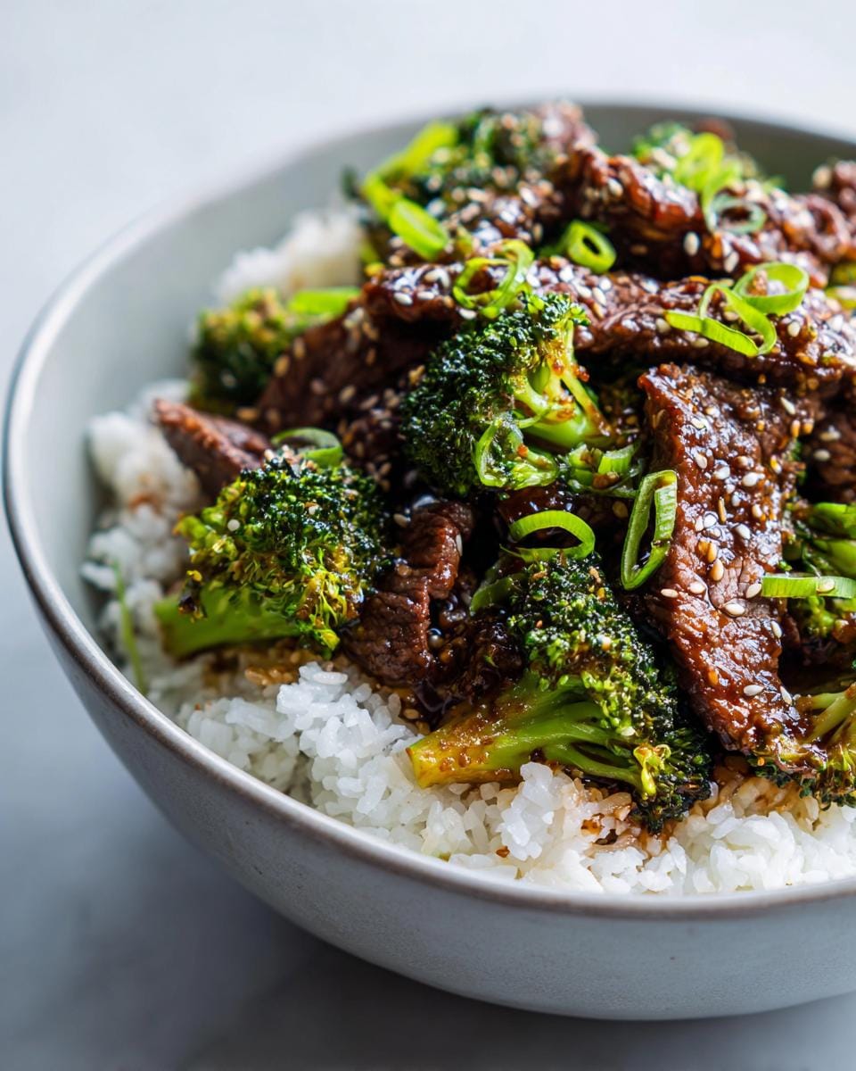 Close-up of a Beef and Broccoli Bowl with tender beef slices, vibrant broccoli florets, white rice, and sesame seeds.