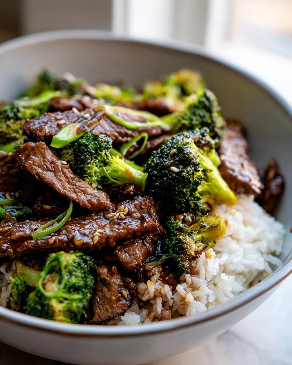 A close-up of a Beef and Broccoli Bowl with tender beef slices, vibrant broccoli florets, and white rice, drizzled with a savory sauce and garnished with sesame seeds and green onions.