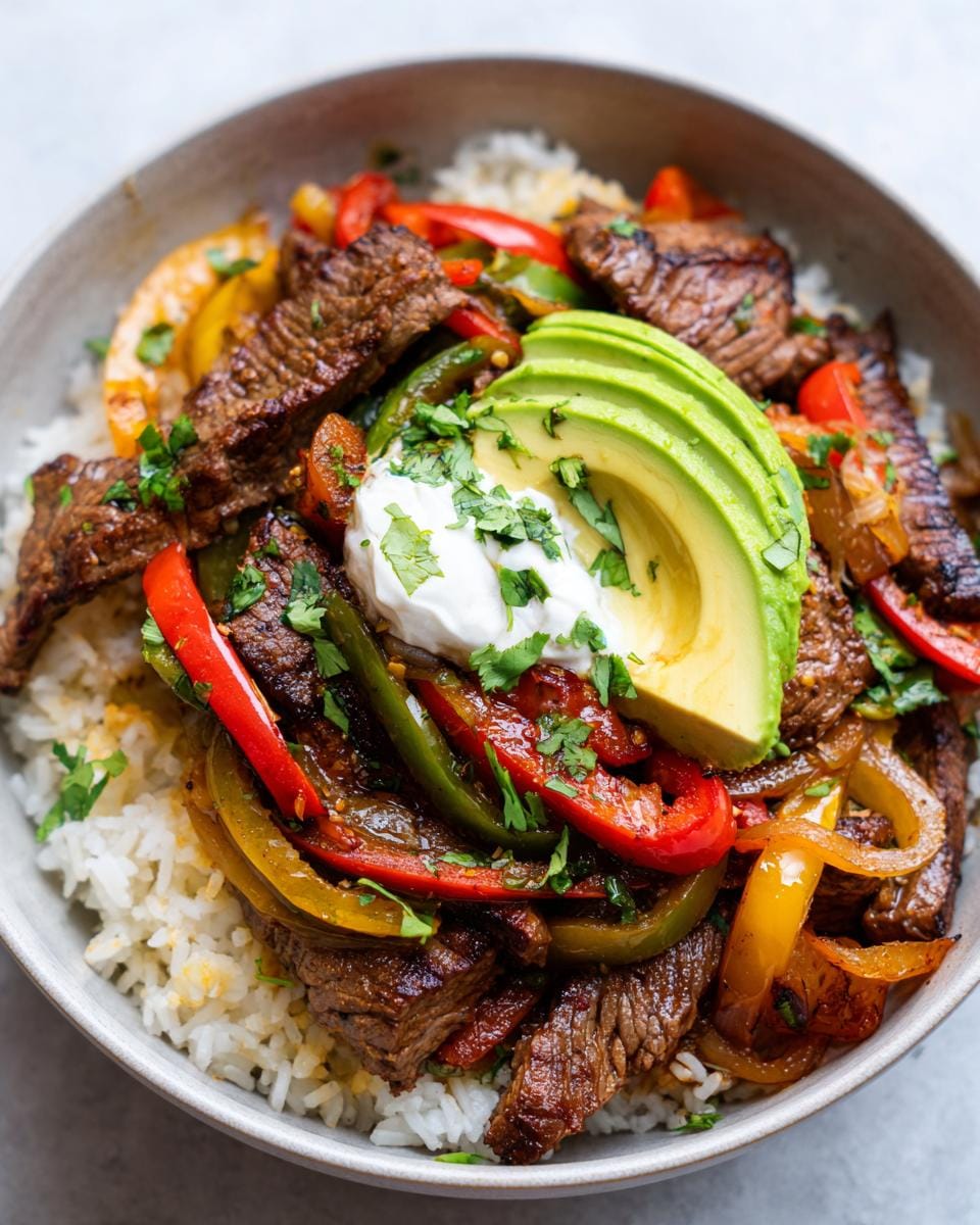 A vibrant Beef Fajita Bowl filled with seasoned rice, sliced steak, colorful bell peppers, onions, avocado slices, and a dollop of sour cream.