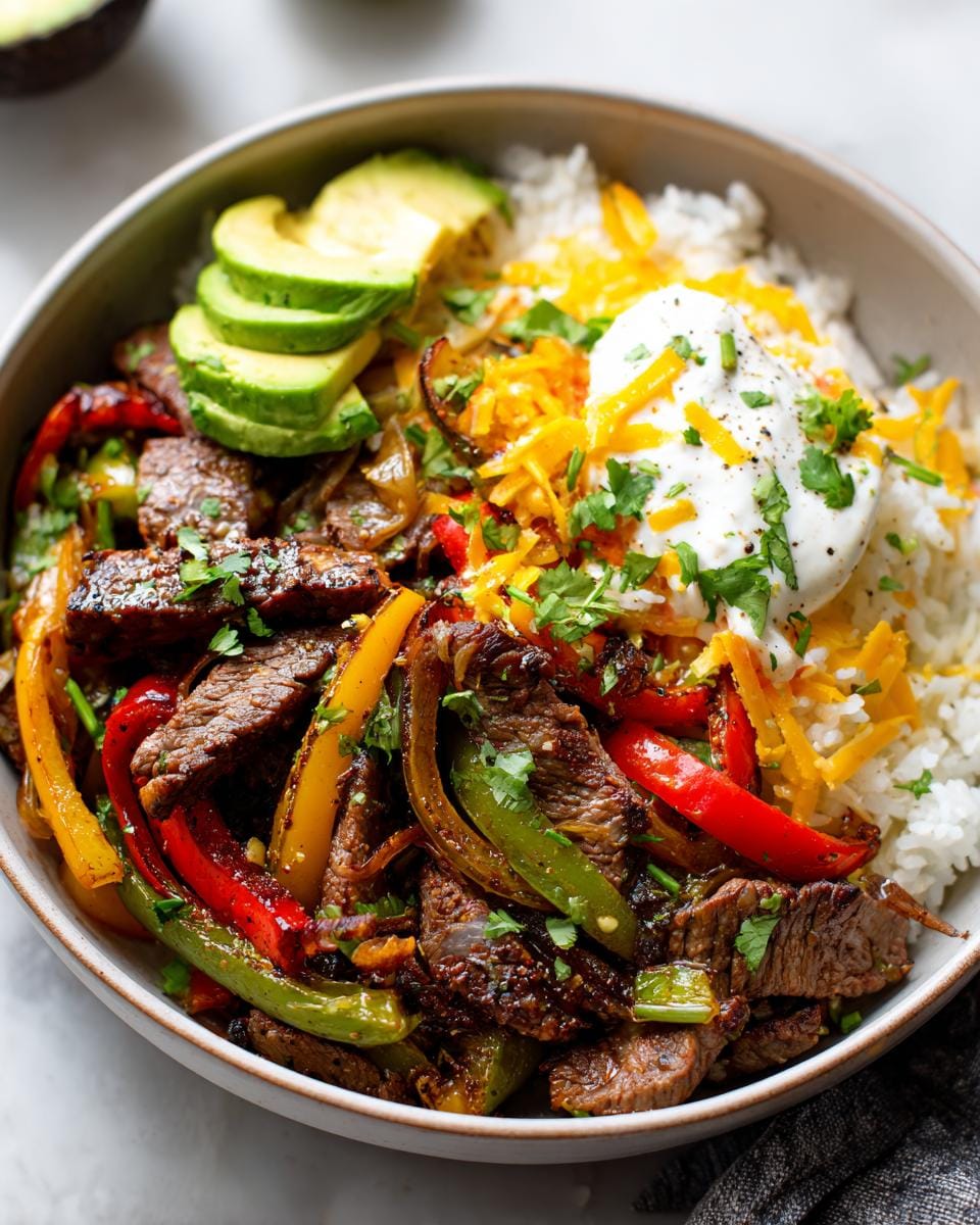 A vibrant Beef Fajita Bowl filled with seasoned steak, colorful bell peppers, onions, rice, shredded cheese, sour cream, and sliced avocado.