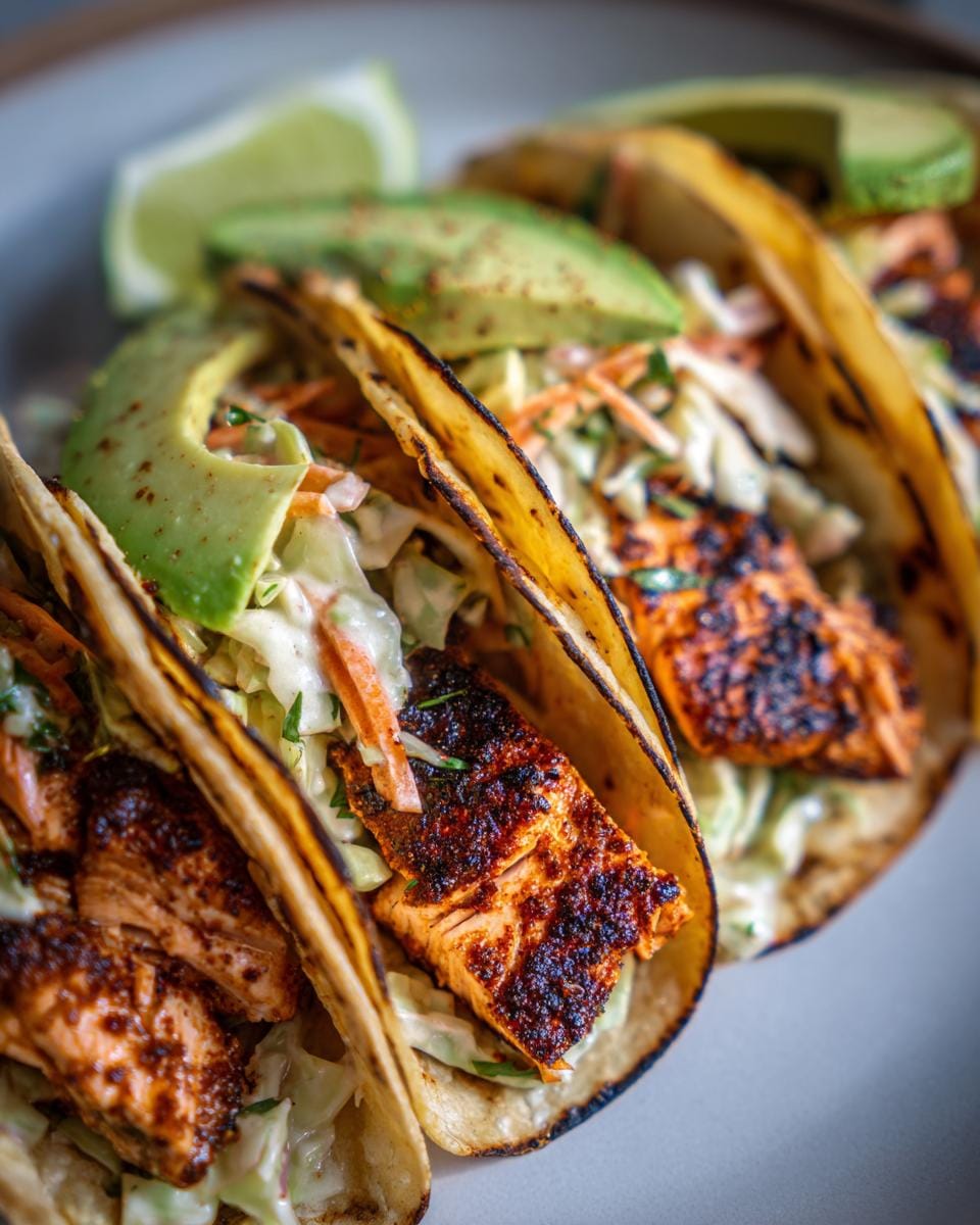 Close-up of three blackened salmon tacos filled with flaky salmon, creamy slaw, and fresh avocado slices.