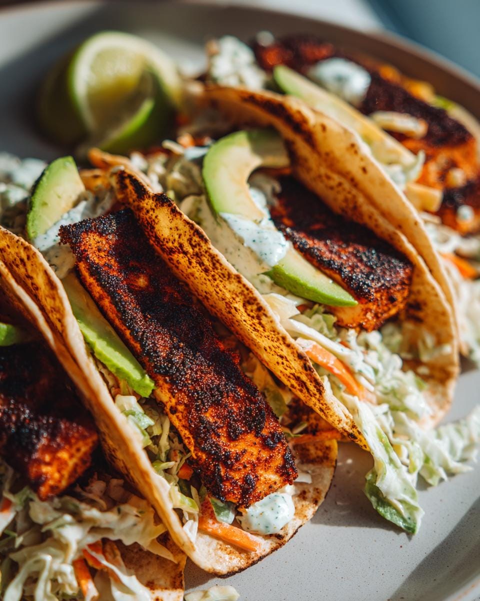 Close-up of delicious blackened salmon tacos filled with shredded cabbage, avocado, and a creamy sauce, with lime wedges on the side.