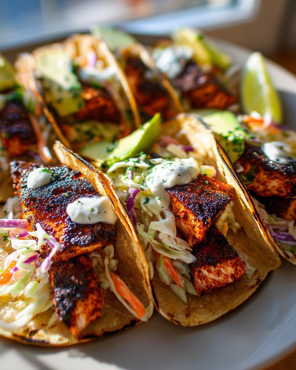 Close-up of delicious blackened salmon tacos filled with flaky salmon, creamy slaw, avocado, and a drizzle of sauce.