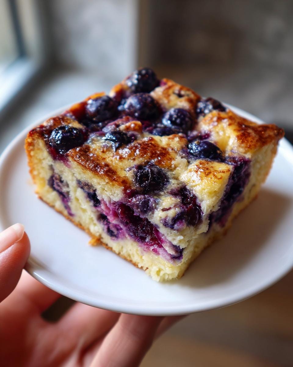 A delicious slice of blueberry cottage cheese breakfast bake on a white plate, with fresh blueberries on top.