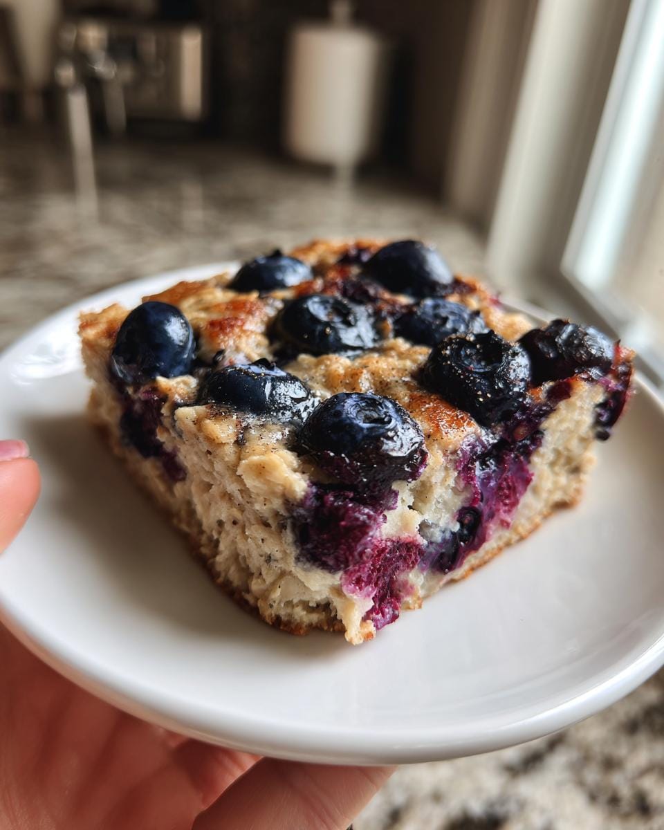 A close-up of a slice of blueberry cottage cheese breakfast bake on a white plate, topped with fresh blueberries.