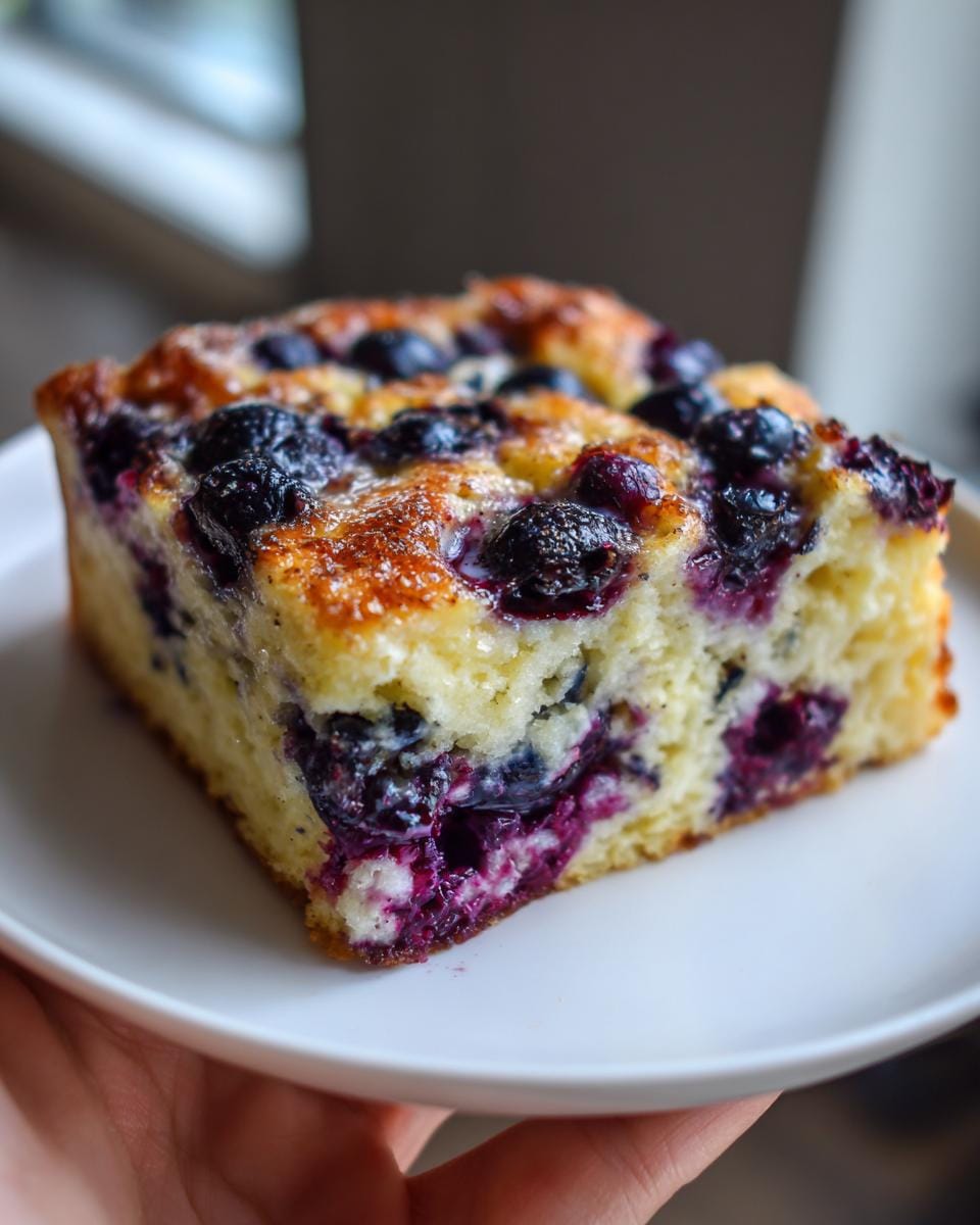 A close-up of a slice of blueberry cottage cheese breakfast bake on a white plate, showcasing juicy blueberries and a golden crust.