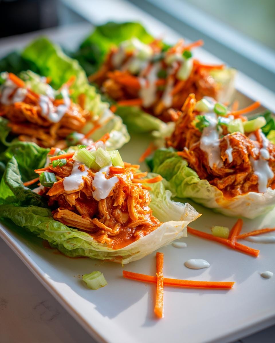 Close-up of Buffalo Chicken Lettuce Wraps topped with shredded carrots, celery, and a drizzle of ranch.