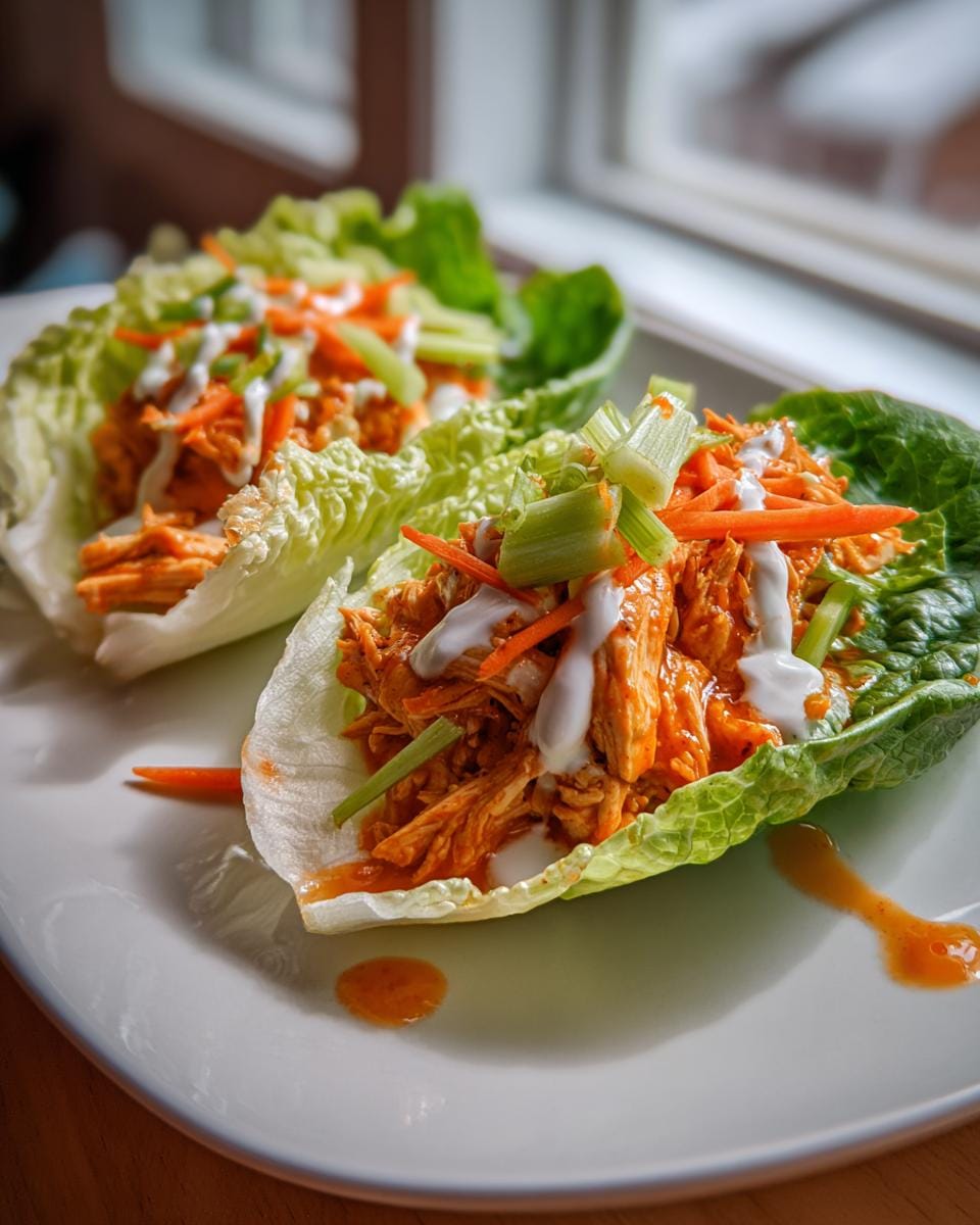 Two Buffalo Chicken Lettuce Wraps filled with shredded chicken, topped with shredded carrots, celery, and a drizzle of ranch.