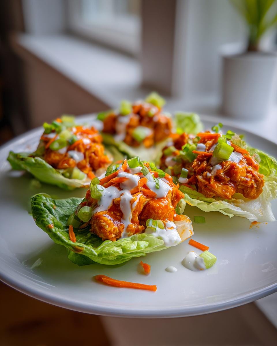 Close-up of Buffalo Chicken Lettuce Wraps topped with shredded carrots, green onions, and ranch dressing.