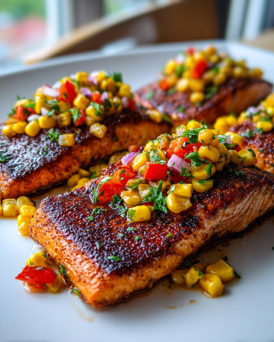 Four perfectly cooked Cajun salmon fillets topped with a vibrant corn salsa, served on a white plate.