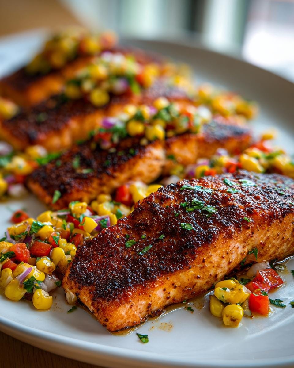 Close-up of perfectly cooked Cajun salmon fillets topped with vibrant corn salsa.