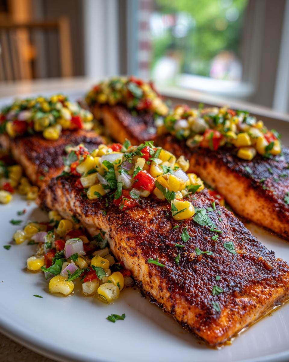 Four pieces of perfectly cooked Cajun salmon topped with a vibrant corn salsa, served on a white plate.