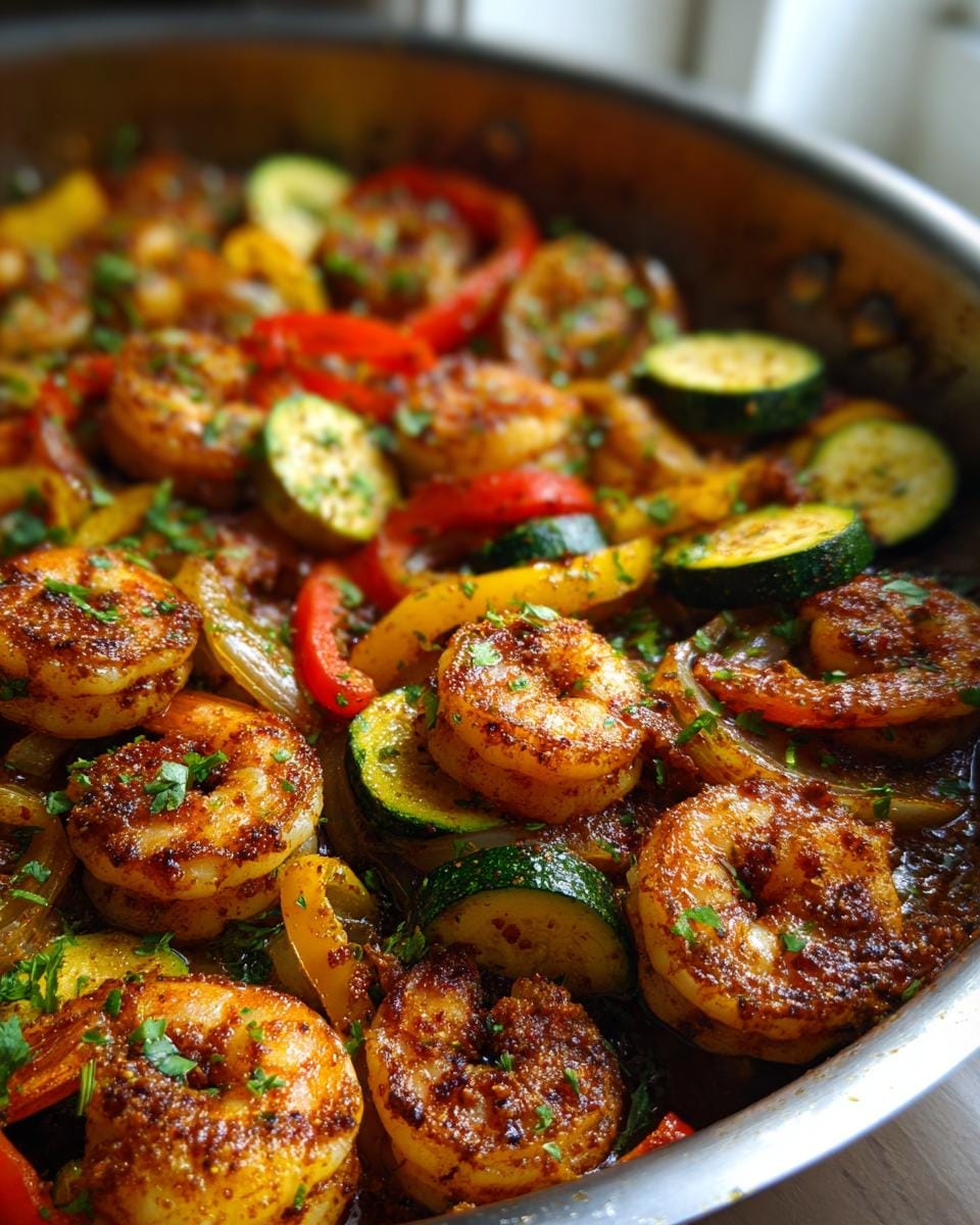 Close-up of a cajun shrimp skillet filled with seasoned shrimp, sliced zucchini, and colorful bell peppers, garnished with parsley.