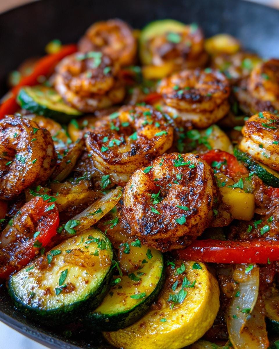 Close-up of a Cajun shrimp skillet with colorful bell peppers, zucchini, and onions, garnished with parsley.