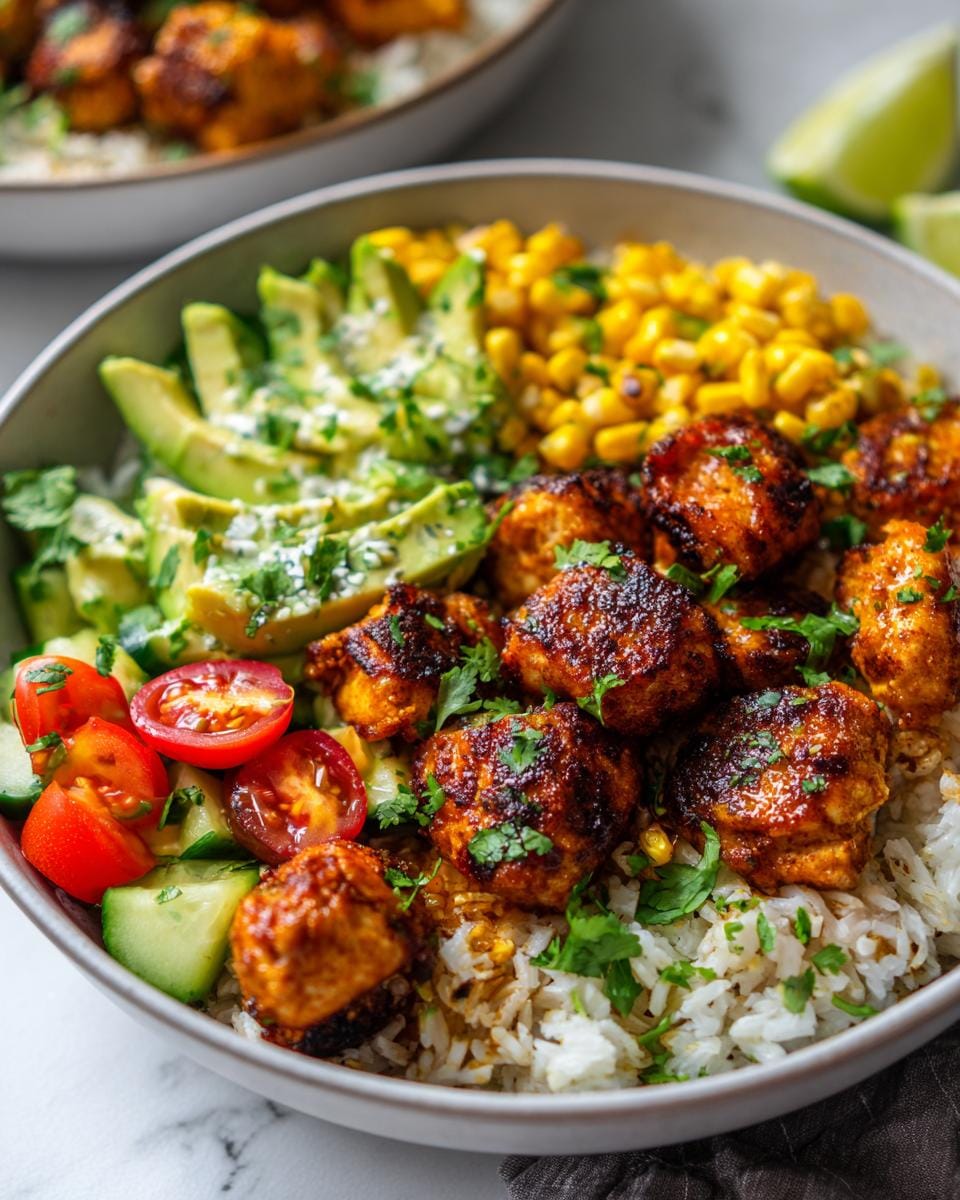 A vibrant Chicken Avocado Bowl filled with seasoned chicken, creamy avocado, corn, tomatoes, and rice.
