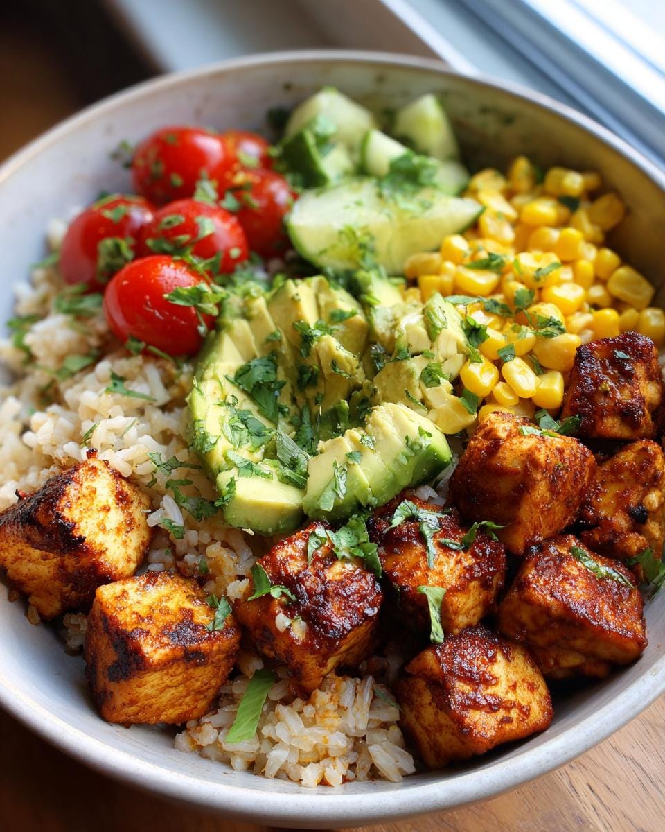 A vibrant Chicken Avocado Bowl filled with rice, sliced avocado, cherry tomatoes, corn, cucumber, and seasoned chicken pieces.