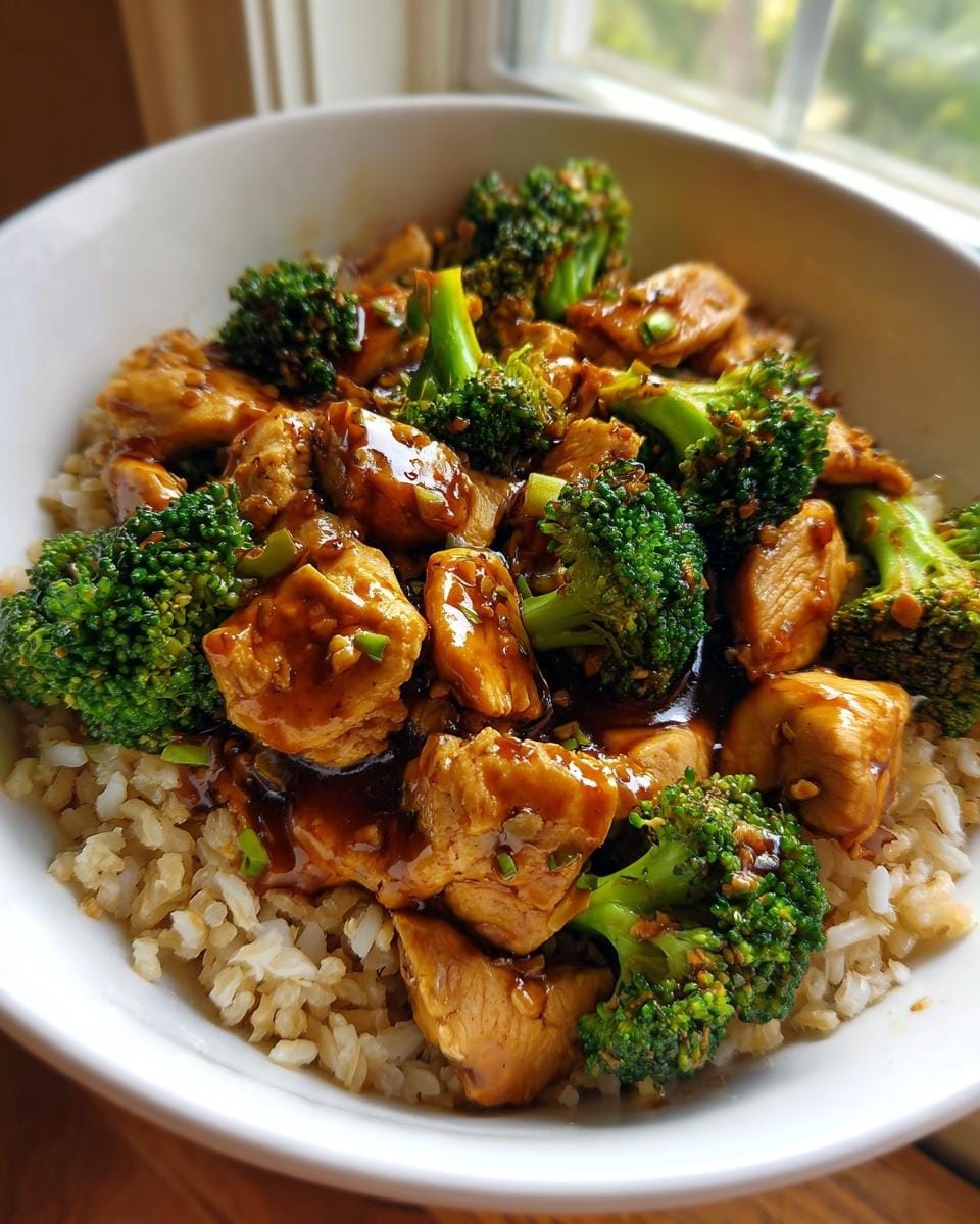 A close-up of a bowl filled with Chicken and Broccoli Stir Fry served over brown rice, coated in a savory sauce.