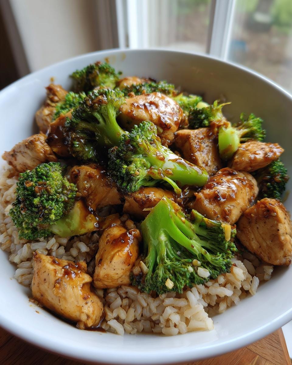 A close-up of a bowl filled with Chicken and Broccoli Stir Fry served over brown rice, coated in a glossy sauce.
