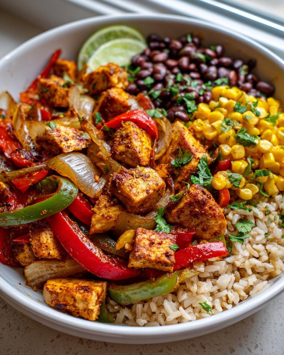 A vibrant Chicken Fajita Bowl filled with seasoned chicken, bell peppers, onions, rice, black beans, corn, and a lime wedge.