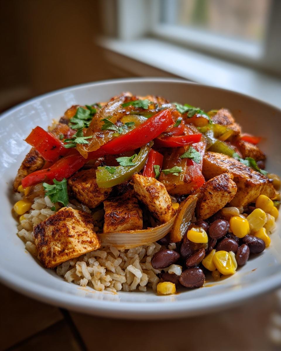A close-up of a Chicken Fajita Bowl filled with seasoned chicken, bell peppers, onions, rice, black beans, and corn.