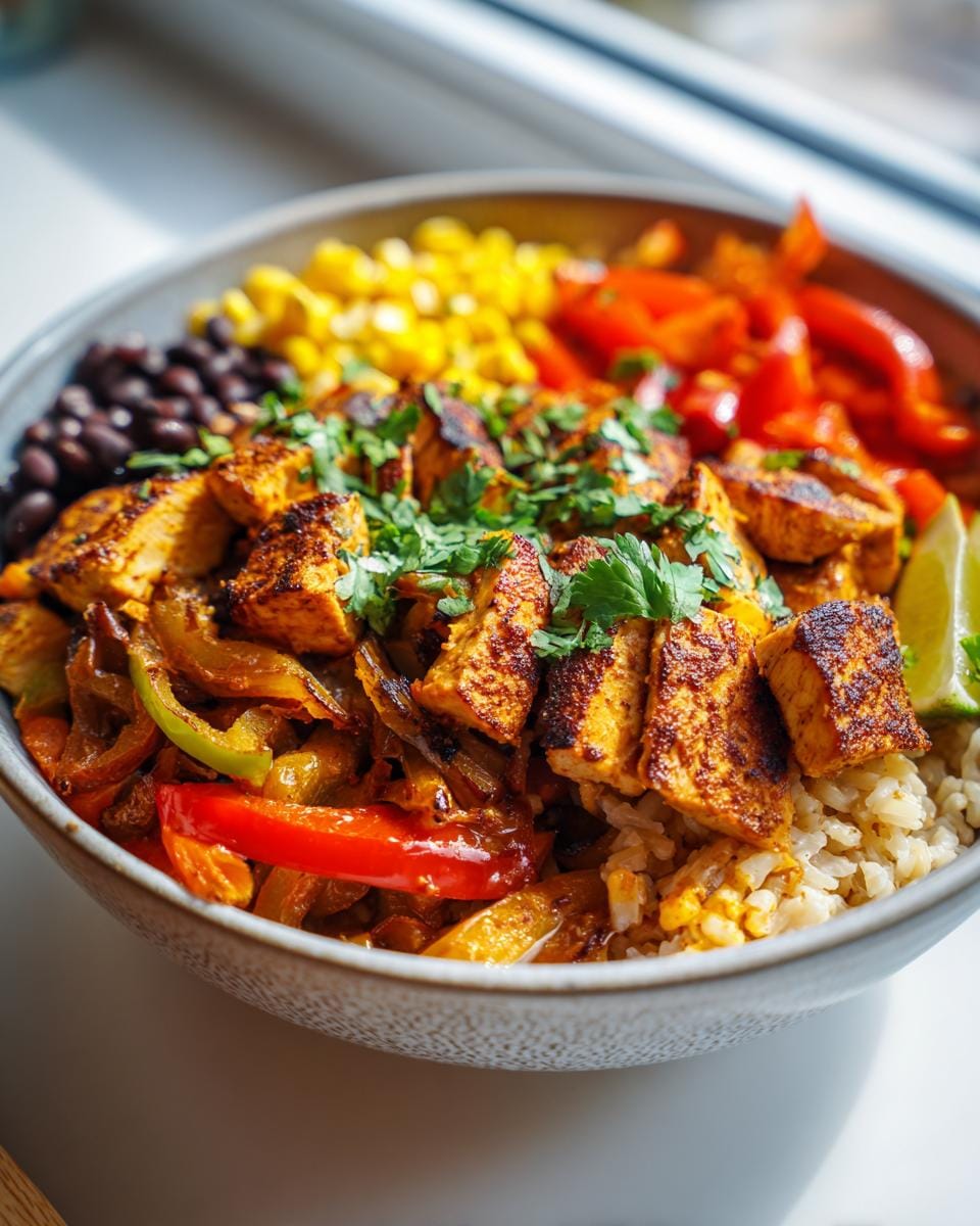 A close-up of a Chicken Fajita Bowl filled with seasoned chicken, bell peppers, onions, black beans, corn, and rice, garnished with cilantro and lime.