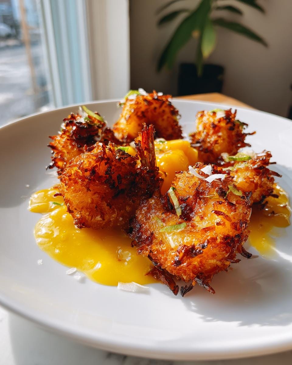 A plate of golden-brown coconut shrimp served with vibrant mango sauce and garnished with shredded coconut.