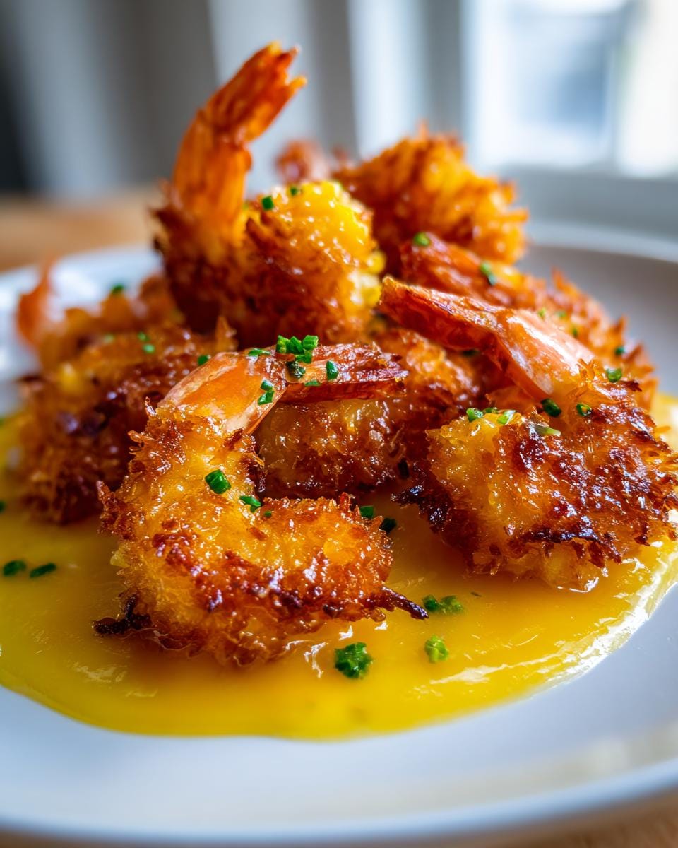 Golden brown coconut shrimp served in a vibrant mango sauce, garnished with fresh chives.