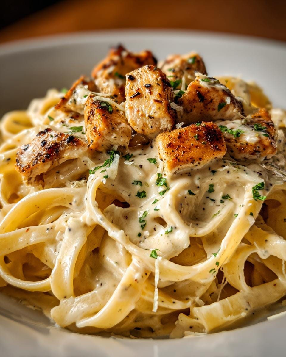 Close-up of creamy cottage cheese chicken alfredo pasta with grilled chicken pieces and parsley.