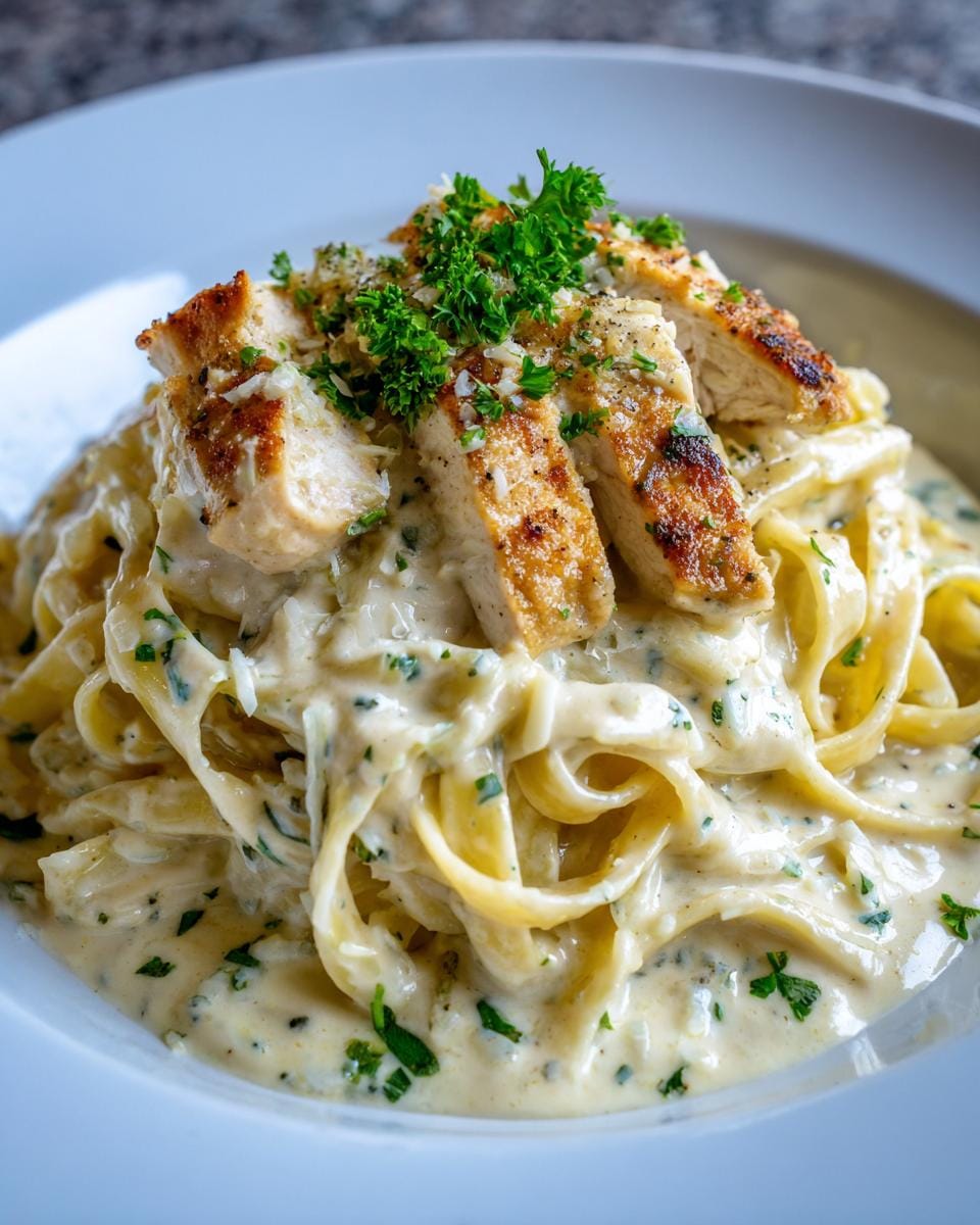 Close-up of creamy cottage cheese chicken alfredo pasta topped with sliced grilled chicken and fresh parsley.