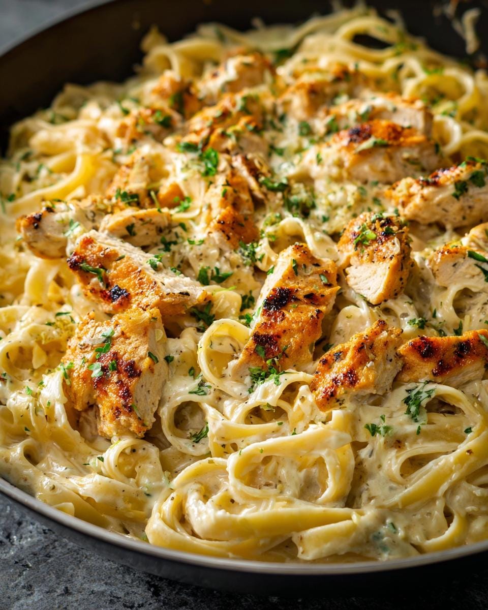 Close-up of creamy cottage cheese chicken alfredo pasta with grilled chicken pieces and parsley.