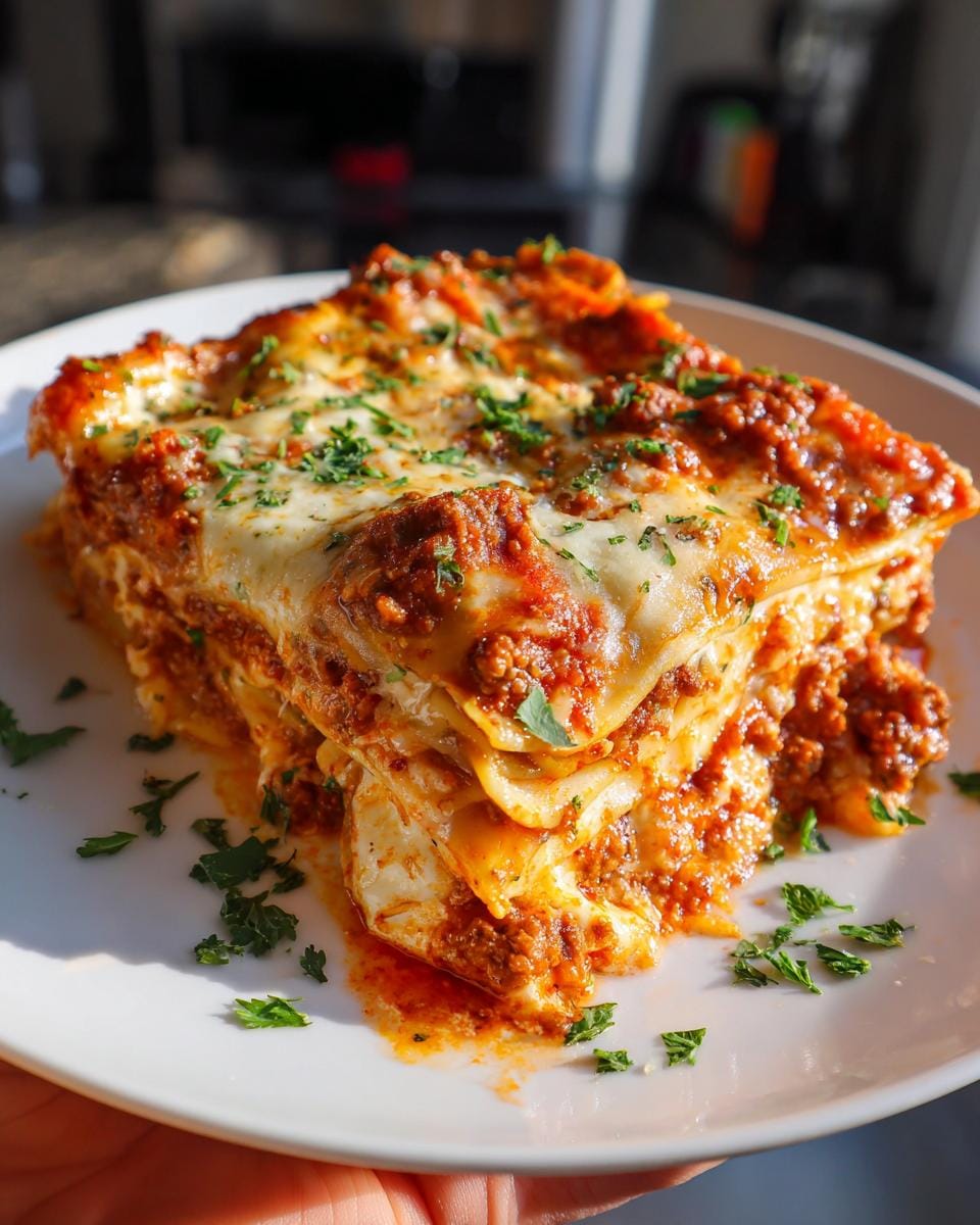 A close-up of a hearty slice of cottage cheese lasagna bake, layered with pasta, rich meat sauce, and melted cheese, garnished with parsley.