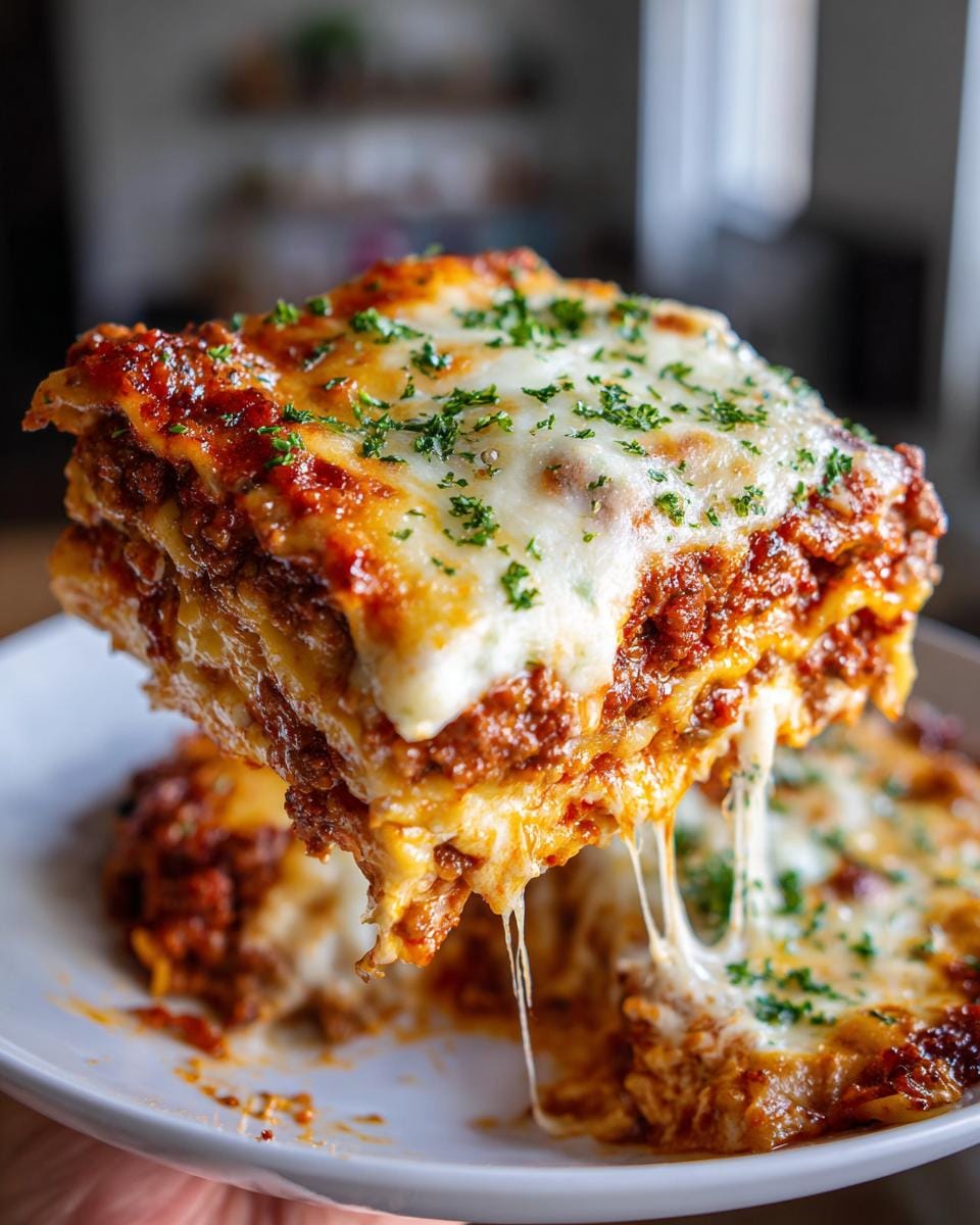 A cheesy slice of cottage cheese lasagna bake being lifted, with melted cheese stretching.