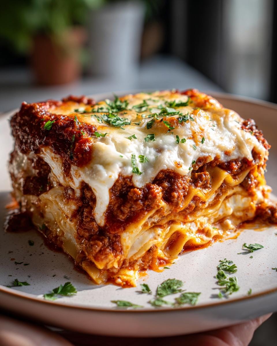 A mouthwatering slice of cottage cheese lasagna bake, featuring layers of pasta, rich meat sauce, and melted cheese, garnished with parsley.