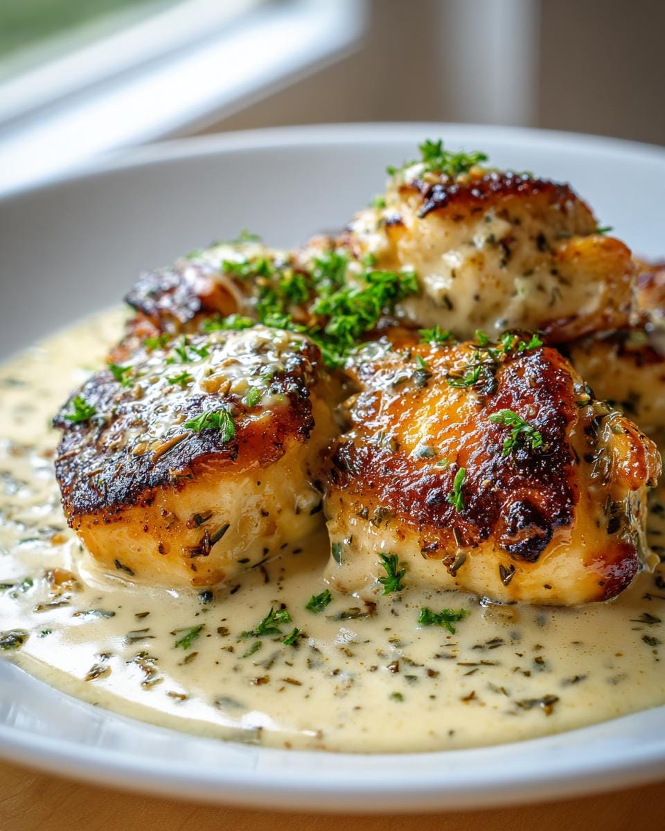 Close-up of pan-seared chicken pieces coated in a rich, creamy garlic sauce and garnished with fresh parsley.